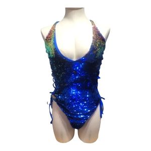Brand new Pas Jalou Royal blue iridescent sequin one piece bathing suit. Size L
